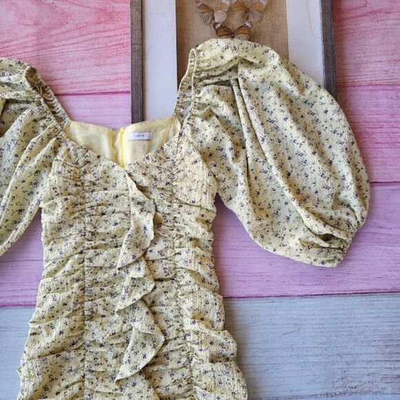 Lush Yellow Floral Puff Sleeves Ruched Ruffle Fitted Bodycon Mini Dress Small - Picture 2 of 6